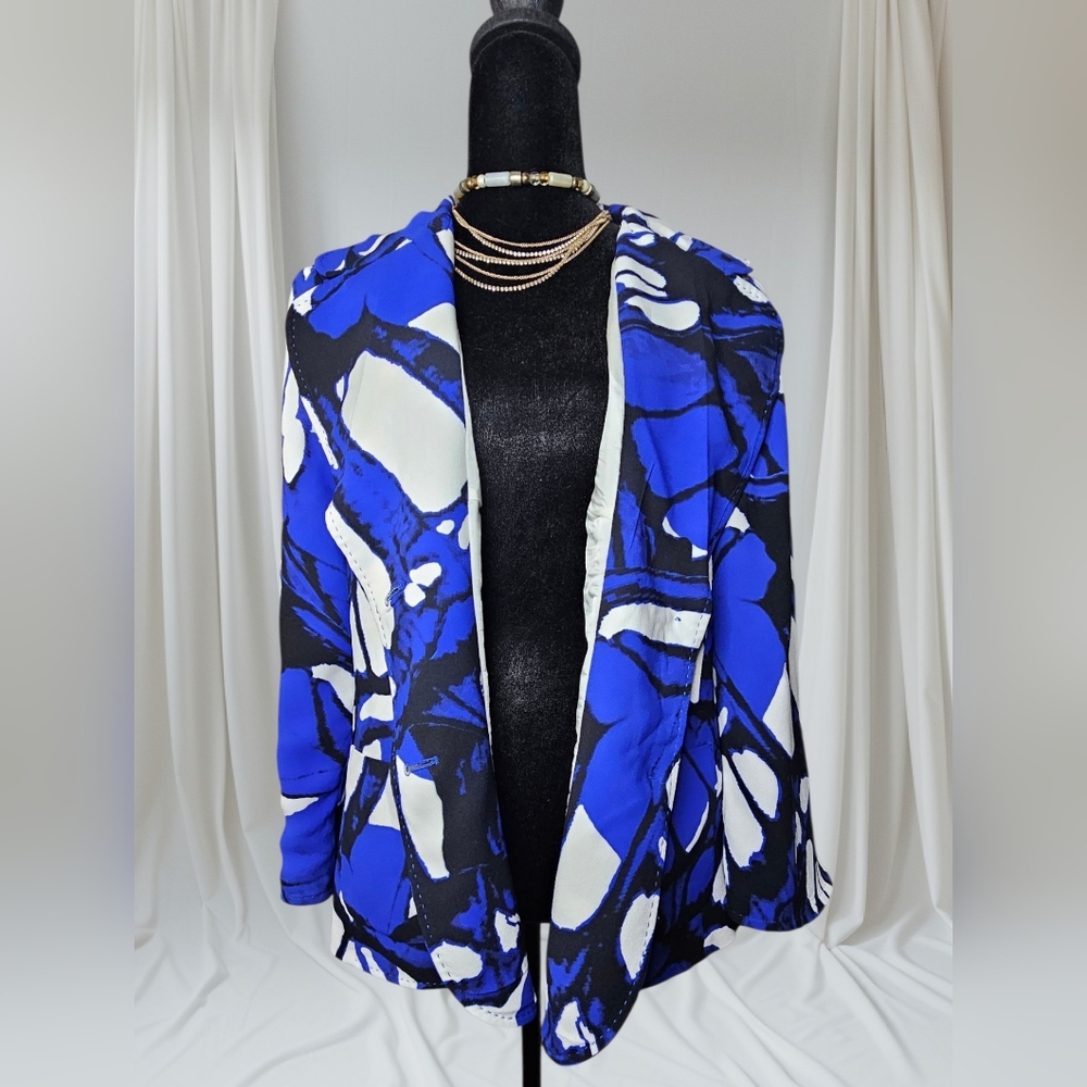 ESCADA Luxury Blazer US 16 Abstract Electric Blue and Black Print
